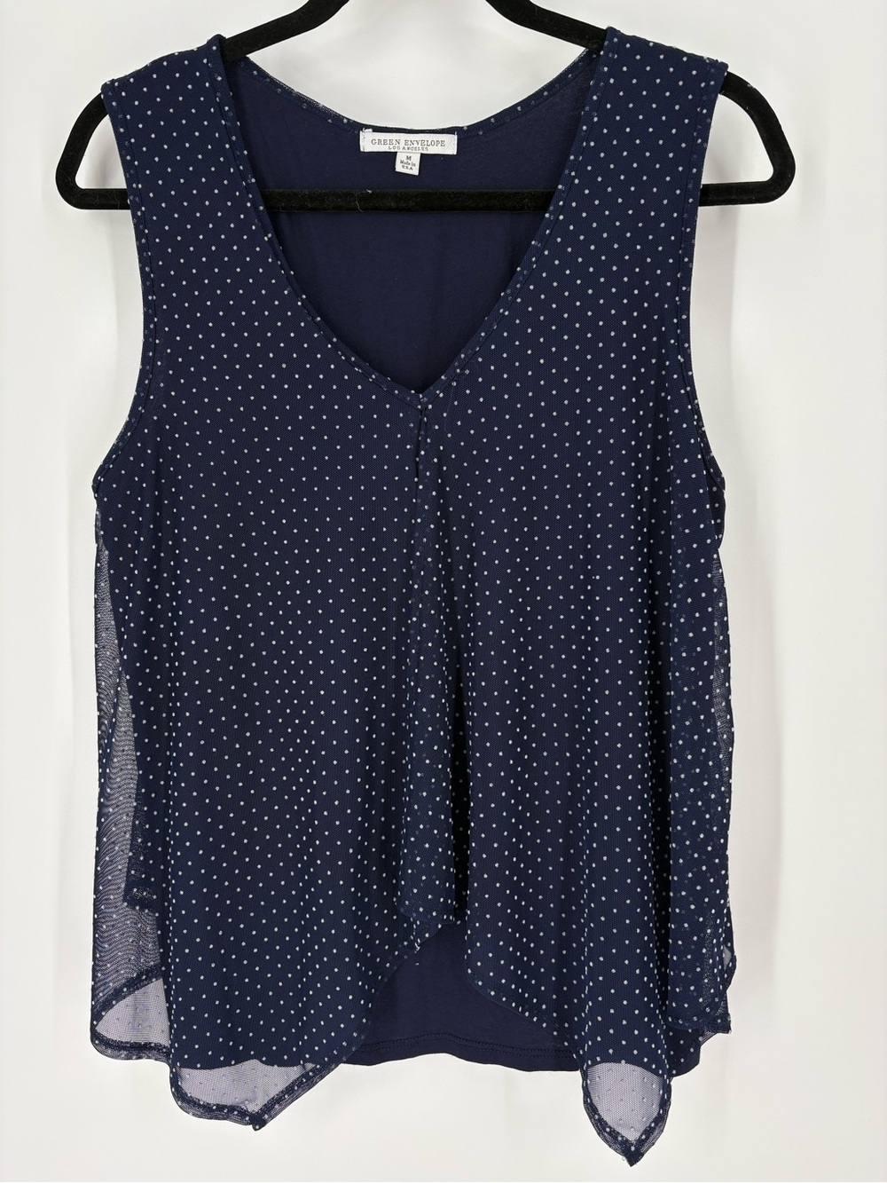 Green Envelope Navy Polka Dot Sheer Sleeveless V-Neck Flowy Shirt Top Medium